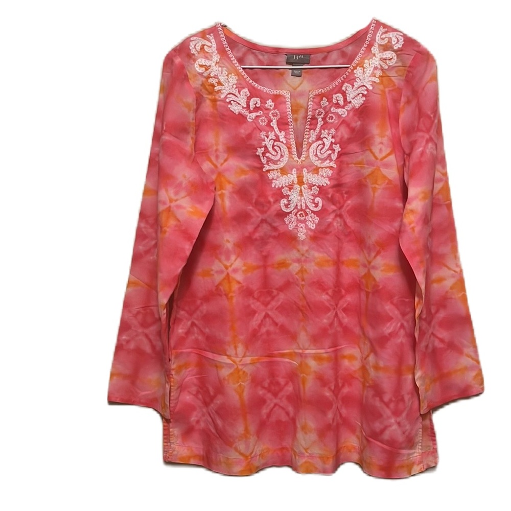 J.JILL, 100% Cotton, Embroidered, V-Neckline, Long Sleeve Top, Tie Dye, Small
